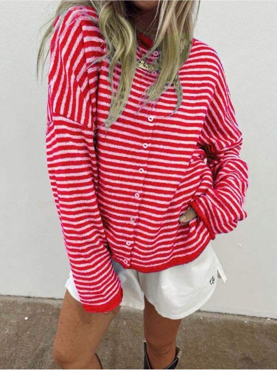 Tops - Red & White Striped Button-Front Knit Top